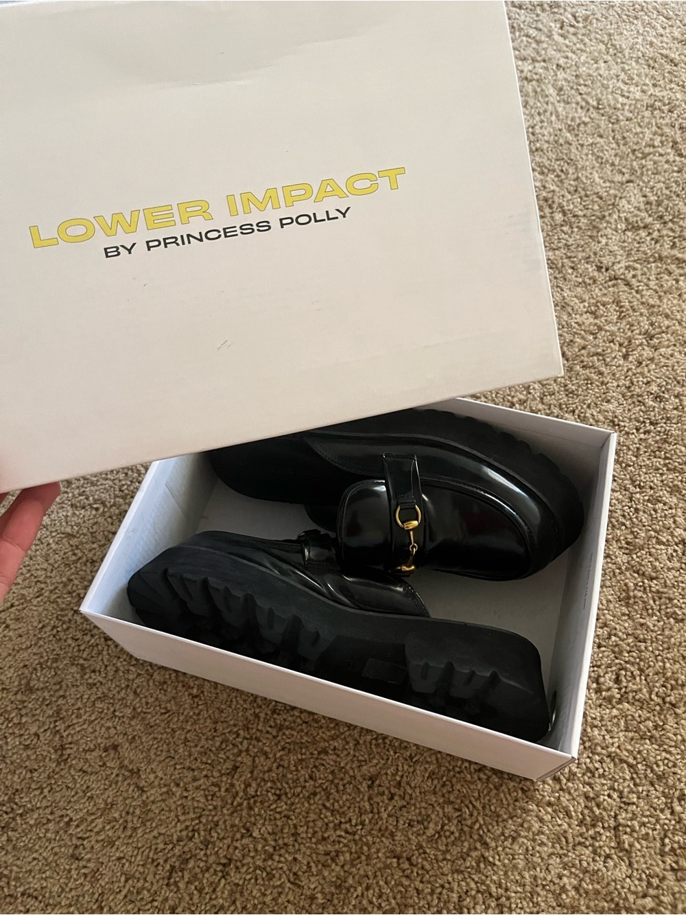 Princess Polly Women’s Black Patent Loafers with Gold